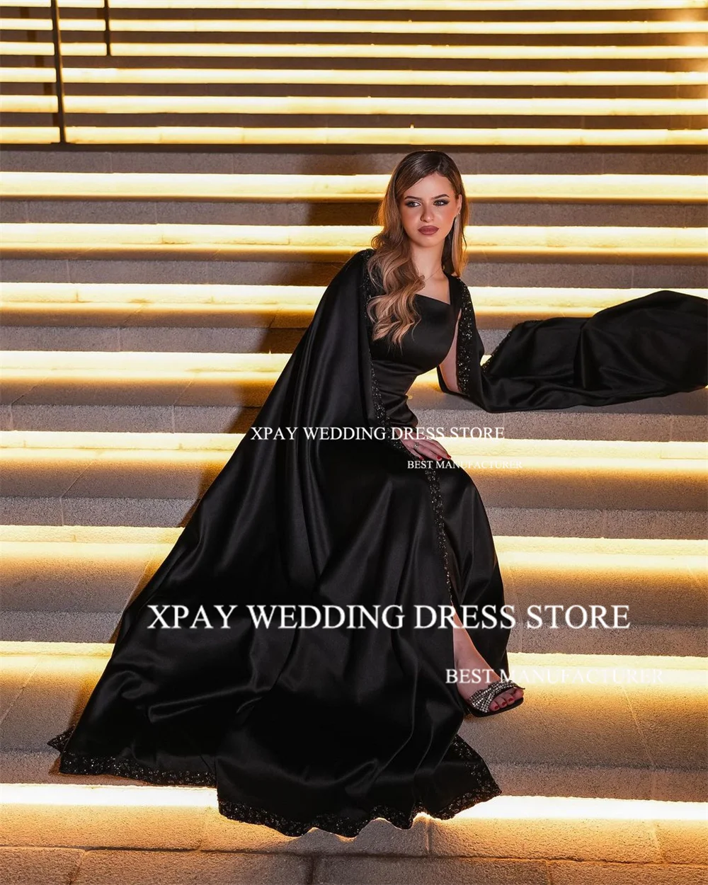 XPAY Square Neck Black Mermaid Evening Dresses Saudi Arabic Long Cape Sleeve Formal Party Gown Beadings Special Occasion Dress