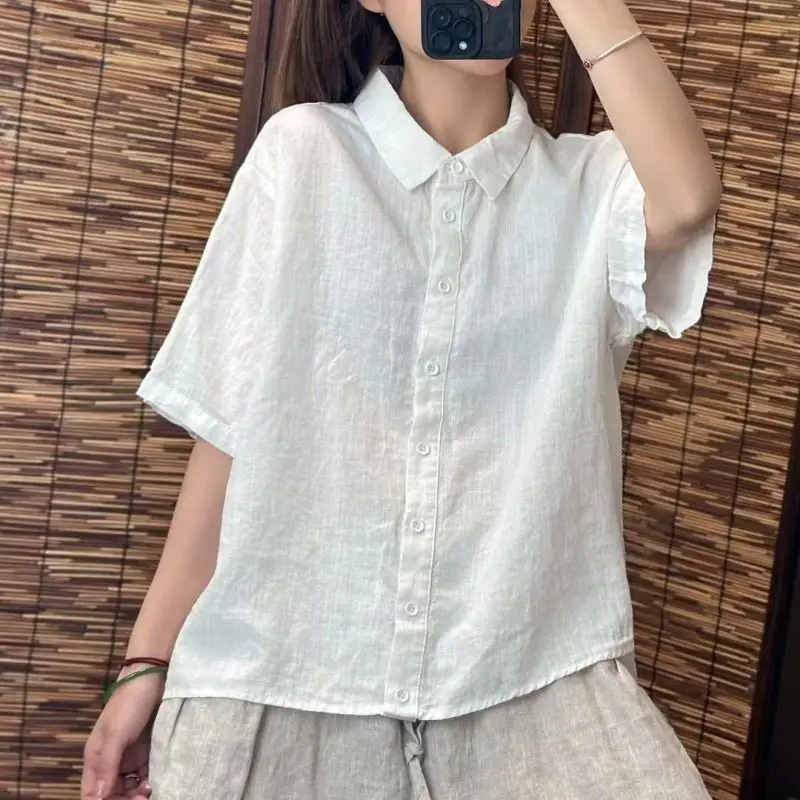 Women Summer Simplicity Loose Cotton and Linen Turn-down Collar Short Sleeve Shirts Women Clothes Casual Solid Color Trend Tops