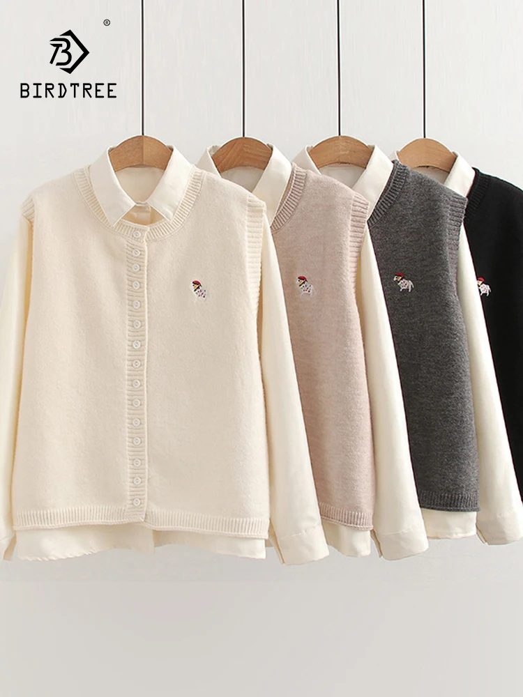 

New 2025 Winter Cotton Women Shirt Knit Vest Set, O Neck Cute Embroidery, Mori Girl Chic Preppy Style Loose Blouse Set S5N056CC