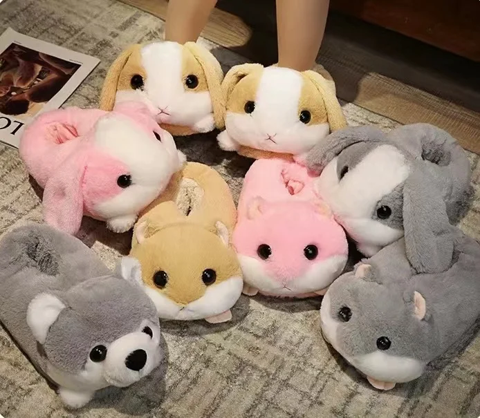 7 Colors Cute Cartoon Animal Plush Slippers Husky Dog Hamster Rabbit Bunny Soft Stuffed Shoes Warm Winter Indoor Slides