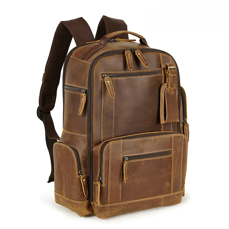 

New Brown Vintage Genuine Crazy Horse Leather Laptop Bag 15.6' Laptop Men Backpack Cowhide Male Travel Bag 3714