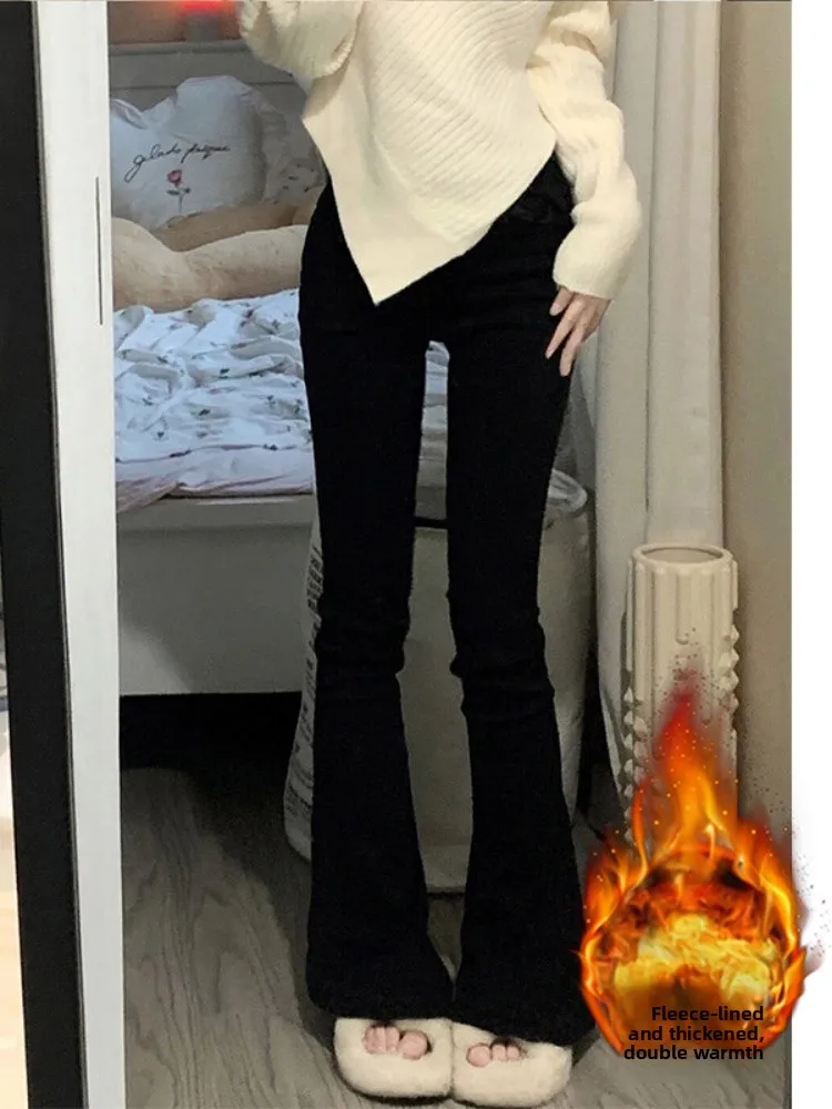 

Fce Lined Flared Jeans Women's Spring New plus Size Slimming Straight Leg Bootcut Pants High Waist Denim Casual Wear