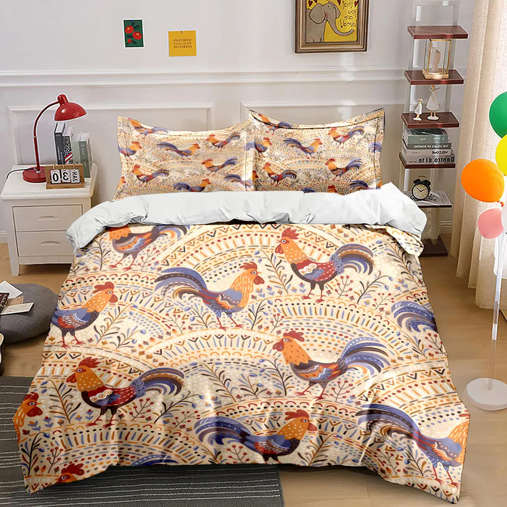 Colorful Roosters with Vintage Pattern Duvet Cover Set Digital Print Colorful Polyester Bedding with Zipper Closur for gifts
