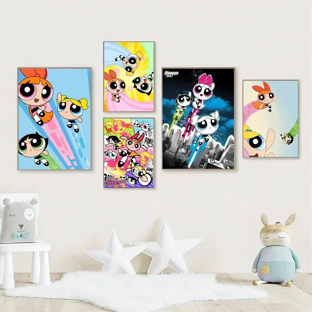 1pc Classic Cartoon The Powerpuff Girls Poster Stickers Home Decor Aesthetic Art Mural Room Decor Digital Painting Living Room