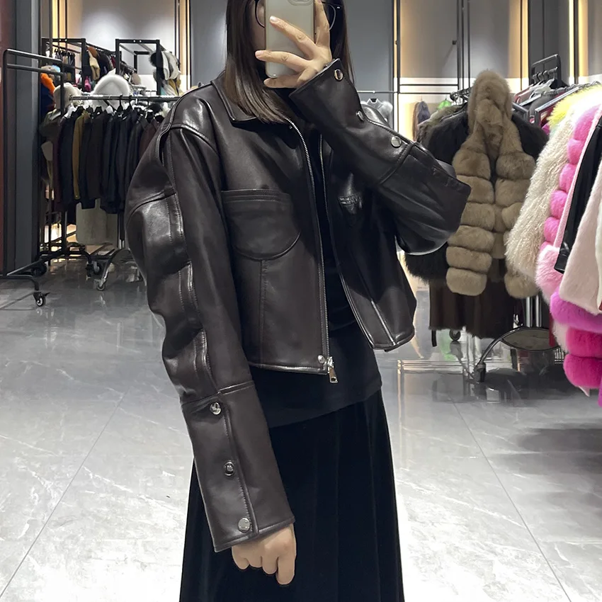 JANEFUR femmes printemps noir en cuir véritable veste courte en peau de mouton manteau automne lâche en cuir véritable pardessus JFB6-25002