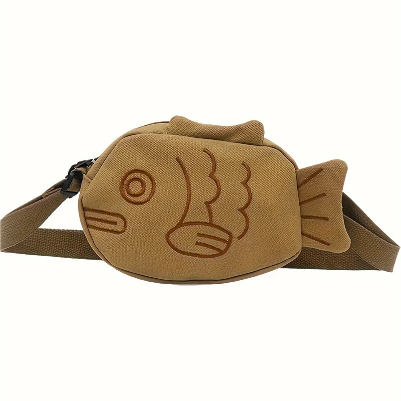 Fish Shape Canvas Messenger Bag Mini Crossbody Bag Fashion Cute Embroidery Portable Zippered Small Purses Handbags 2024