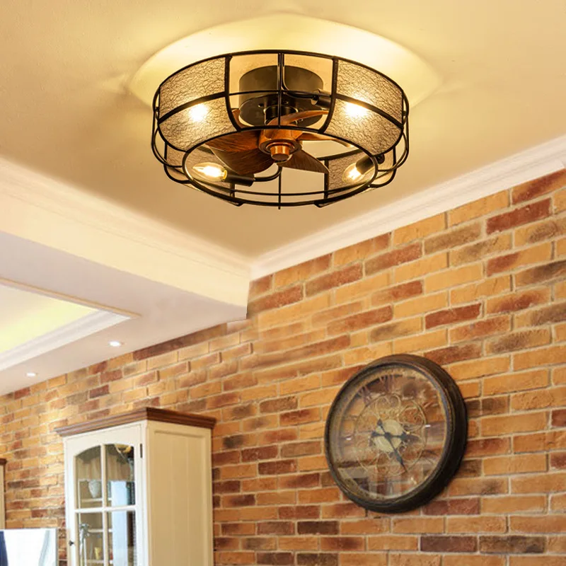 Iron Art American Ceiling Fan Light Restaurant Bedroom Bar Retro Fan Light Rural Style Variable Frequency Ultra Thin Lamps