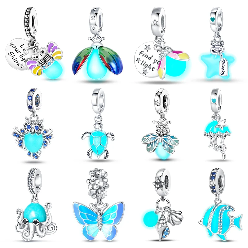 

Hot Sale 925 Silver Glow in the dark Firefly Honeybee Star Charms Beads Fit Pandora 925 Original Bracelets Fine DIY Jewelry Gift