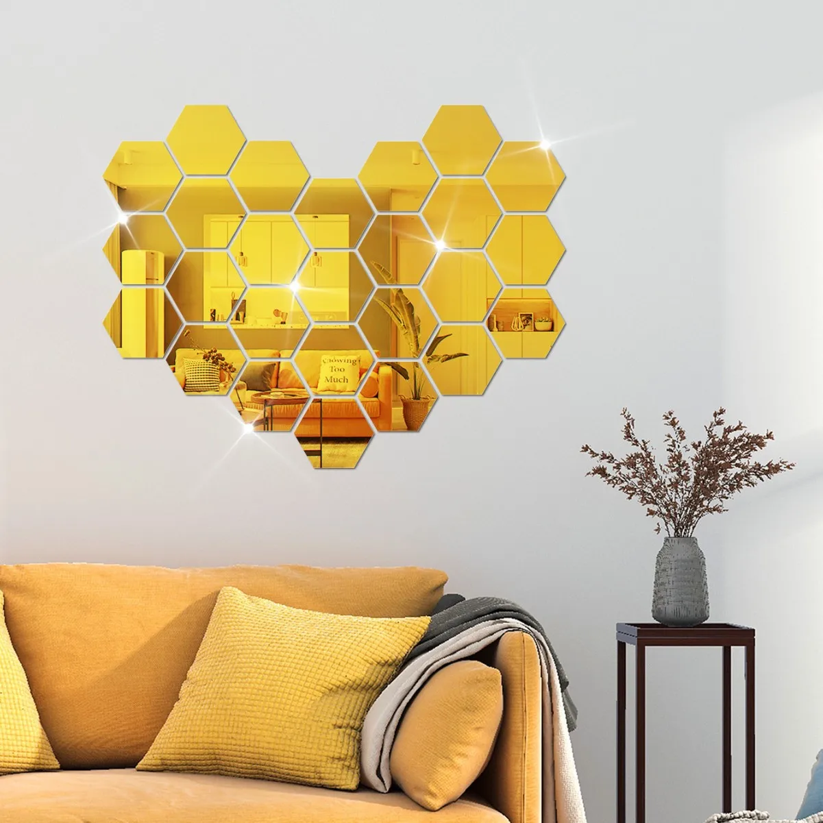 

Hexagonal Acrylic Gold and Silver Mirror Wall Sticker For Home Living Room Background Decoration, DIY Foyer Staircase Decoration