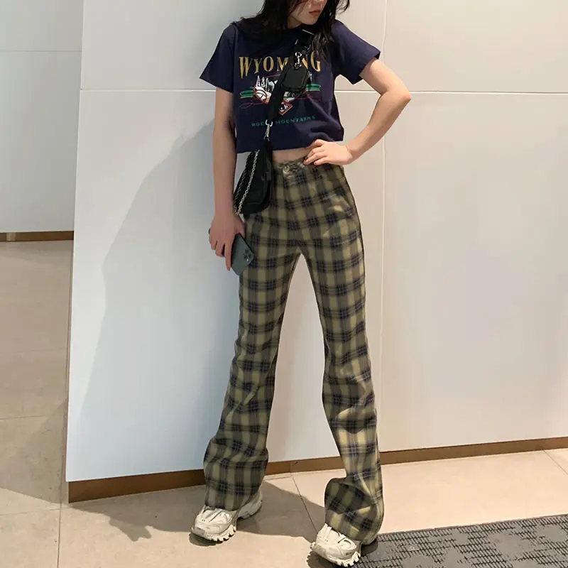 Pantaloni da donna Streetwear pantaloni a gamba larga a vita alta Vintage pantaloni a zampa di Plaid dritti larghi sottili pantaloni Slim Fit coreani semplici