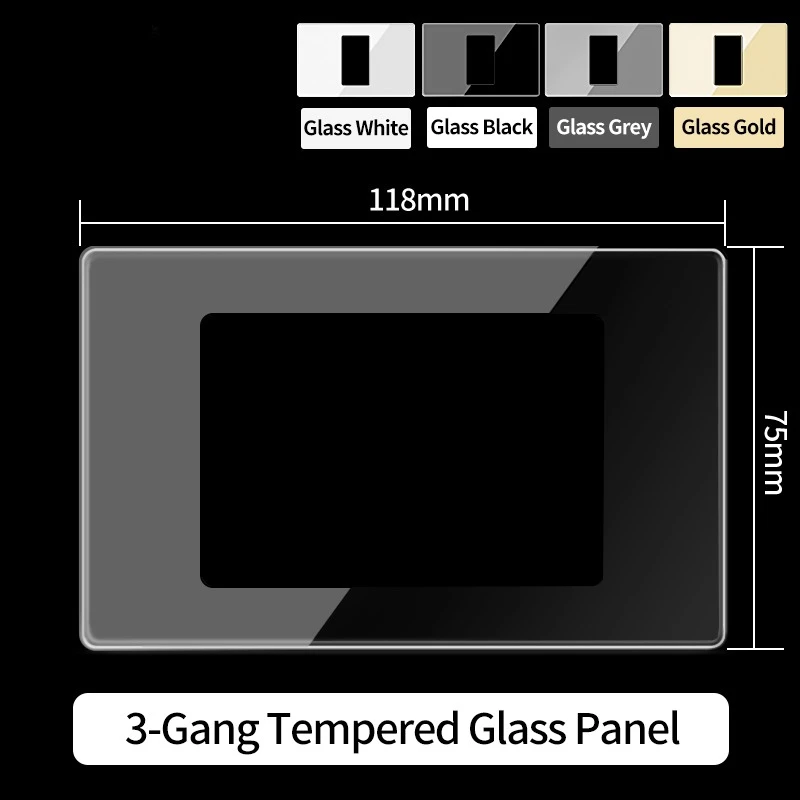 118mm DIY Modular Design 2x4 inch Tempered Glass Wall Plate with NEMA 5-15R Duplex Outlet and US/EU/Italy/Chile Socket Modules
