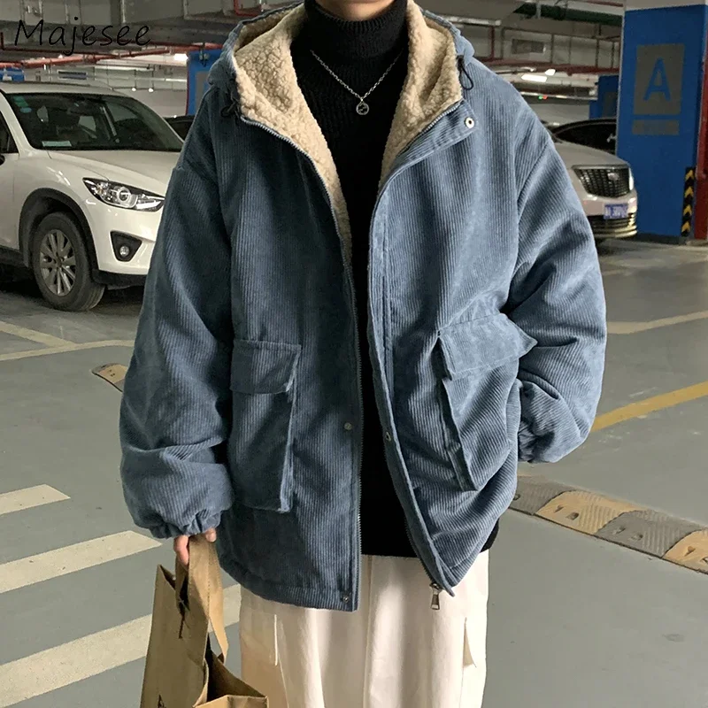 

Hooded Corduroy Parkas Men Plus Velvet Thickening Loose Coats Male Lambswool Korean Style Fashion Pockets Solid Color Zipper-up
