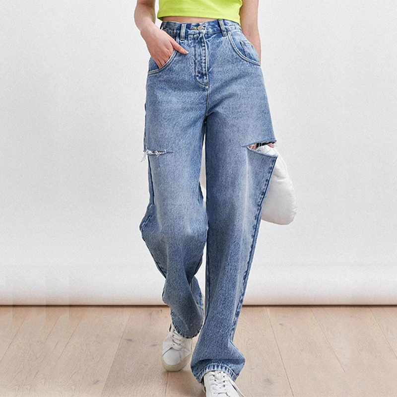 Ripped Jeans Voor Vrouwen Hoge Taille Zakken Broek Baggy Casual Vrouwen Boyfriend Denim Cargo Broek Vrouwen Straight Hot Jeans