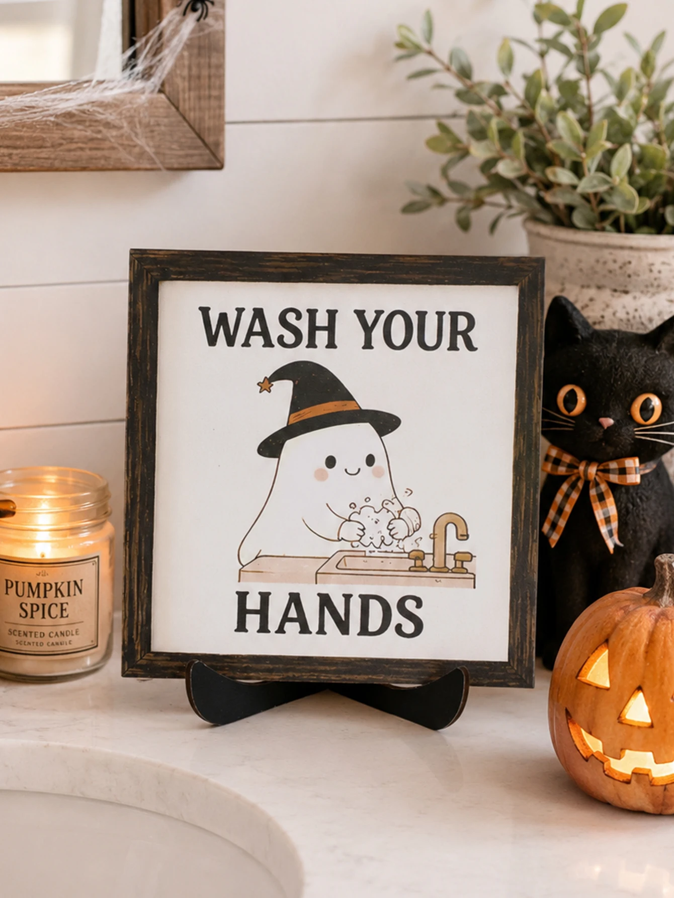 Funny Halloween Bathroom Table Sign Ghost Pumpkin Black Cat Printed Decor Plaque Farmhouse Restroom Vanity Countertop Home Decor