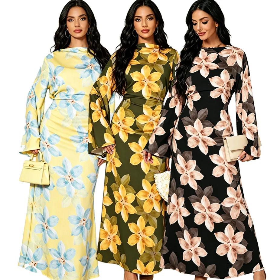 Dress Abaya Women Eid Muslim Flower Print Dresses Dubai Abayas Islam Vestidos Arab Long Robe Jalabiya Ramadan Morocco Kaftan