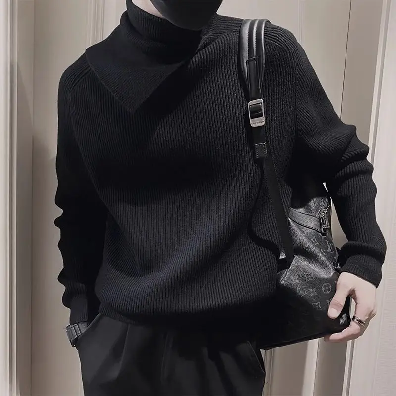 

Casual Half High Collar Sweaters Men's Clothing Fashion Spliced Autumn Winter Solid Color Korean Long Sleeve Knitted Pullovers