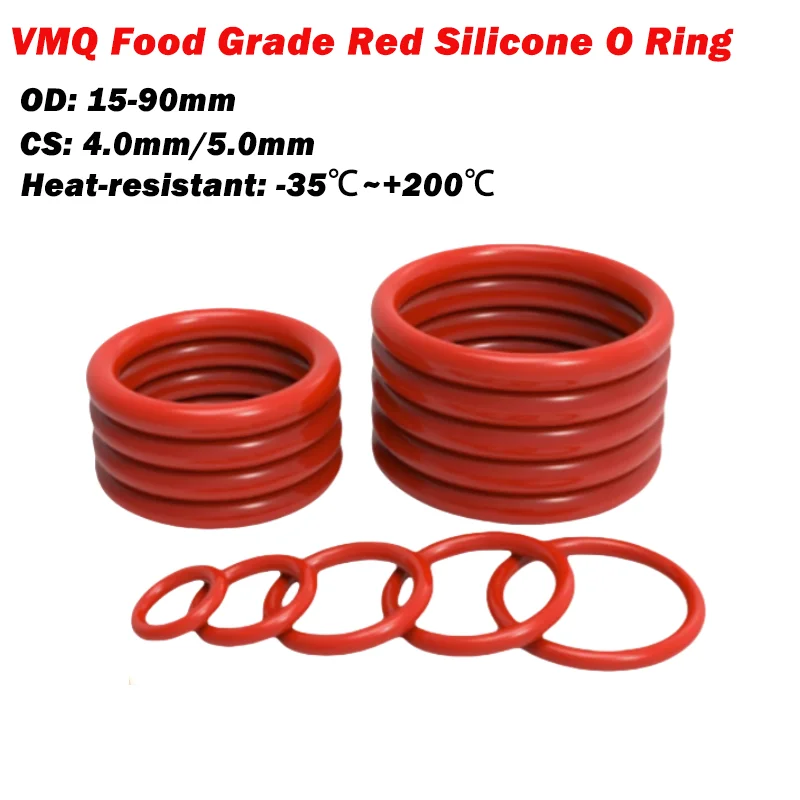 

Food Grade Sealing Ring VMQ Red Silicone O-Ring CS:4.0/5.0mm OD:15-90mm Waterproof Insulated Gasket Heat-resistant-35℃~+200℃
