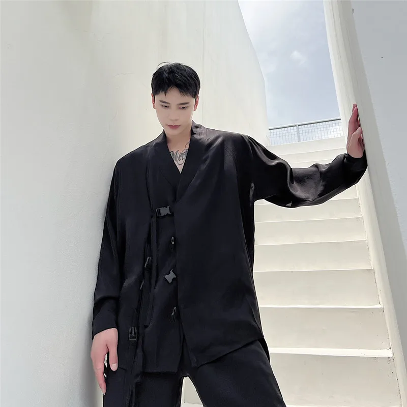 

New Chinese Style Men's Shirt Trendy High-End Sense Personalized Buckle Versatile Fashionable Design Unique Top Youth Popular