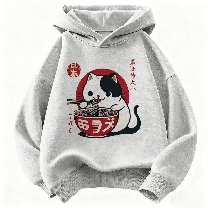 Japanese Cat Eating Ramen With Chopsticks Cartoon Print, Children Hoodie KidsPullover Sleeve Kawaii Animal Casual Sweatshirt Top