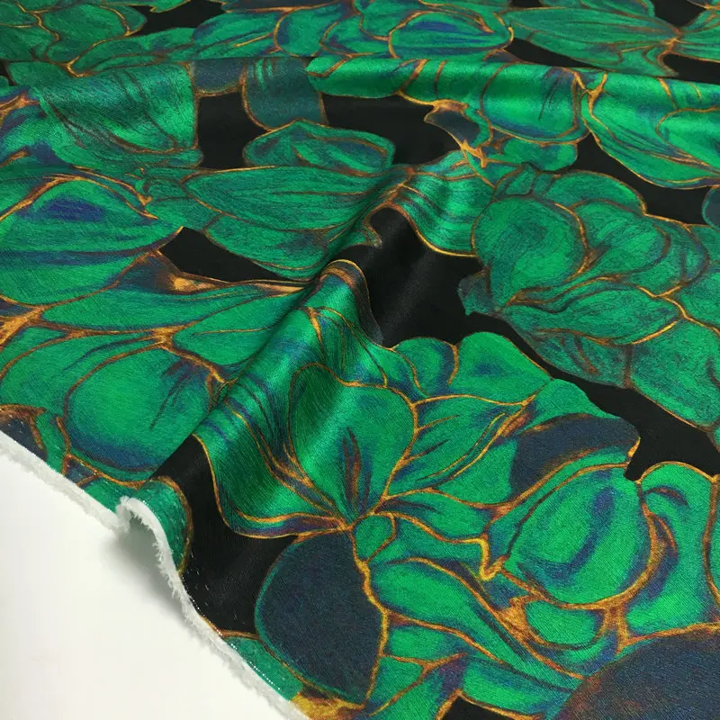 Herringbone Simulated Silk Satin Fabric Black Green Floral Print Polyester Shirt Dress for Sewing Designer Fabric Per Meter