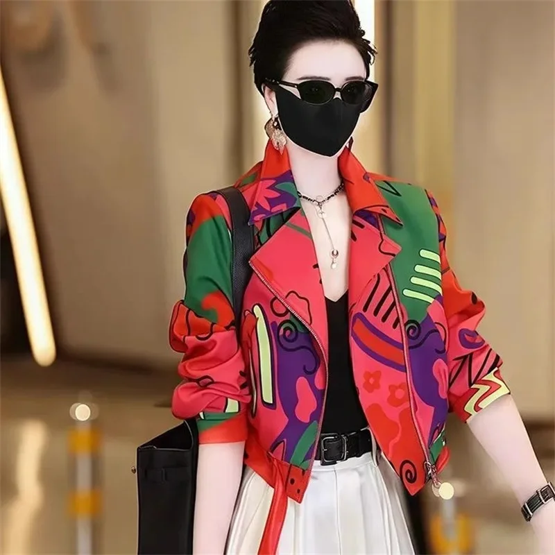2026 Female Short Patchwork Printing Outwear Spring Autumn Ladies Fashion Loose Coat High-end Women Leisure Long Sleeves Jacket