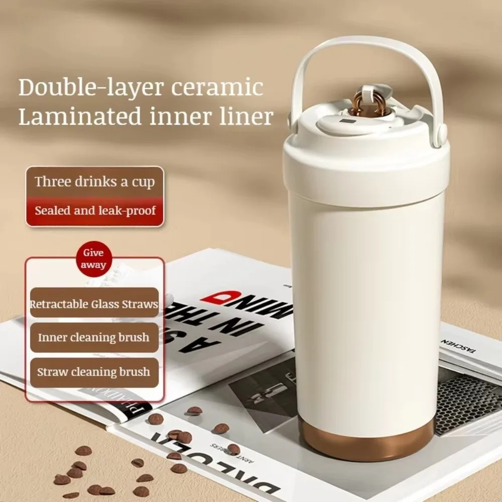 

500ml Travel Coffee Mug Ceramic Coated with Straw Insulated Water Bottle Vacuum Insulated Stainless Steel Tumbler Car Travel