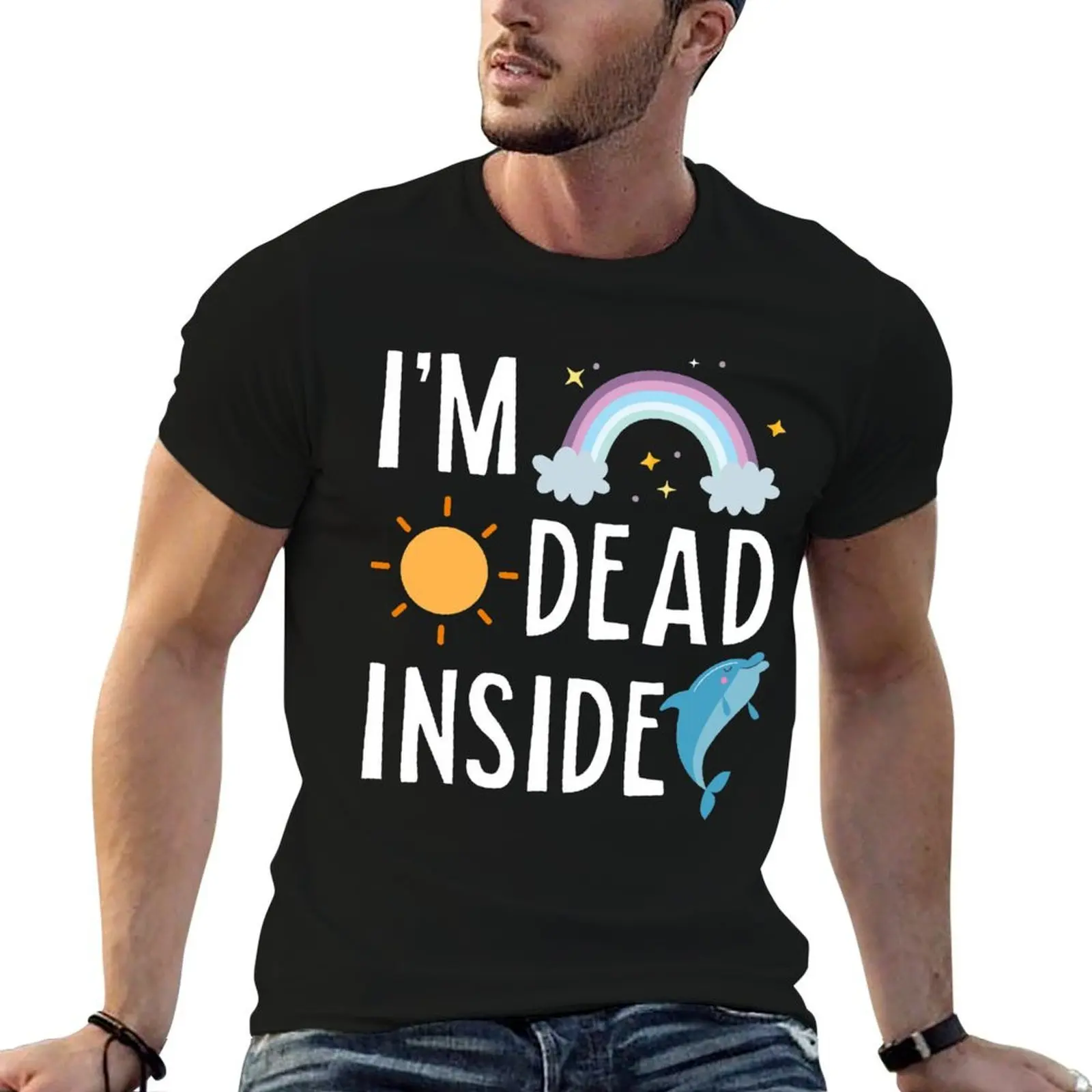 I'm Dead Inside Happy Rainbow Funny Depressed T-Shirt anime clothes vintage t shirts plain t shirts men