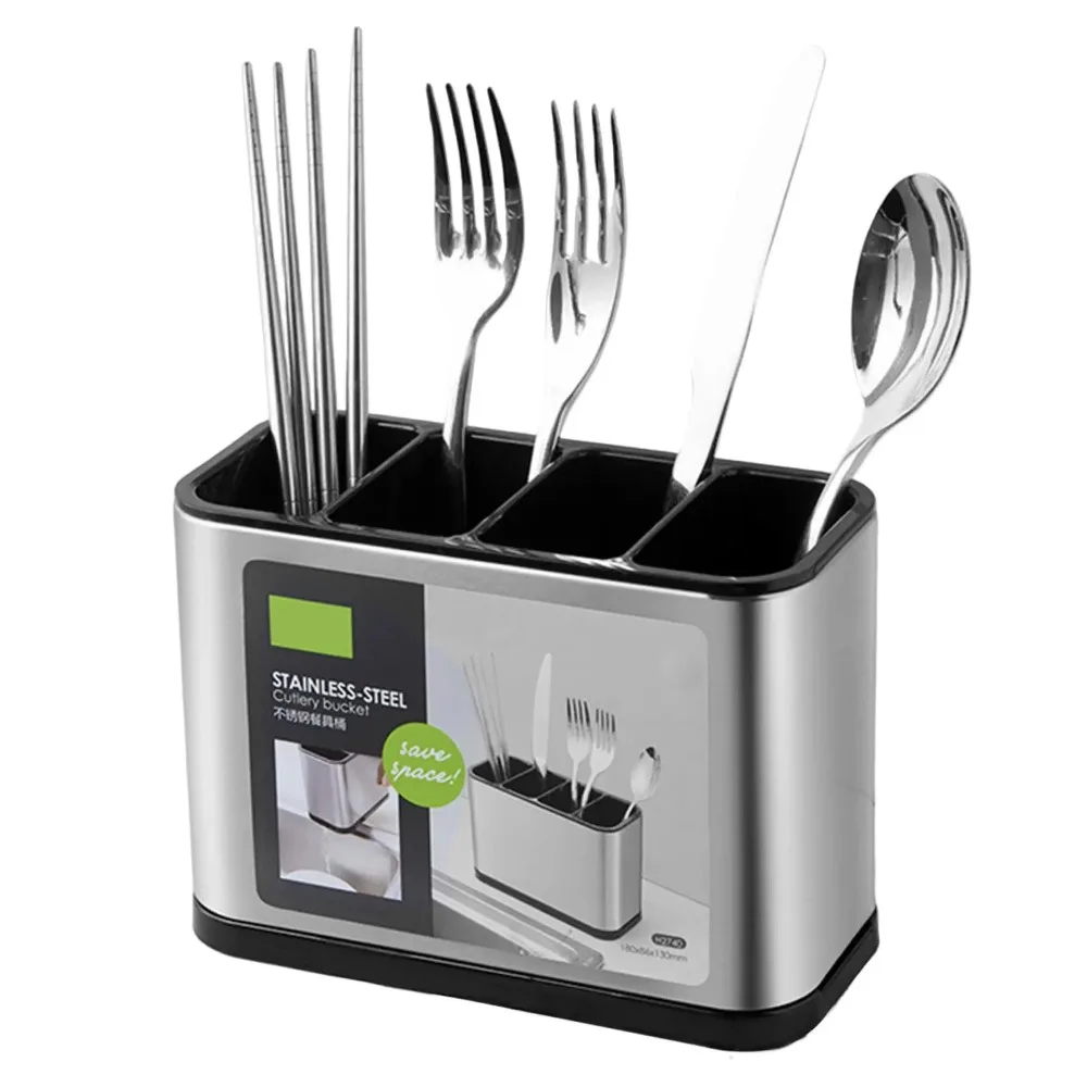 Porta Utensilios de Cocina de Acero Inoxidable con Orificio de Drenaje, Antideslizante y Resistente a la Oxidación, para Cucharas y Tenedores