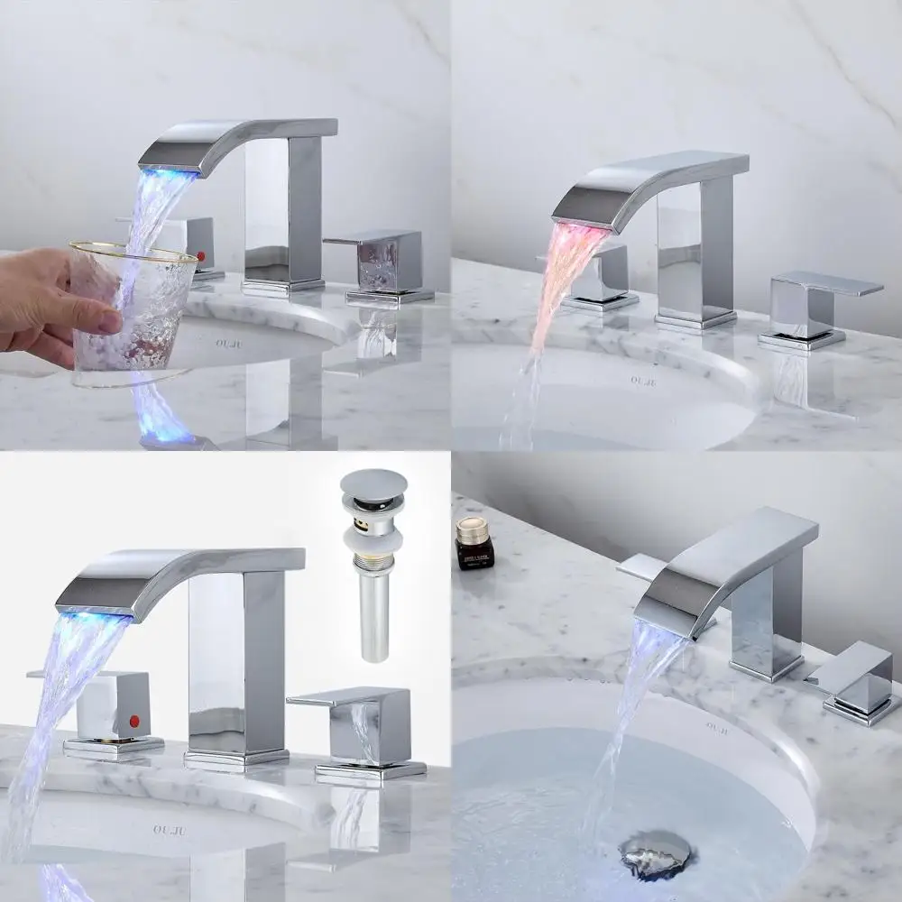 

8 современных хромированных светодиодных смесителей для раковины с 3 отверстиями, выдвижным сливом и изливом-водопадом