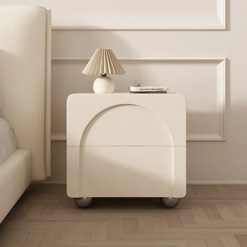 with Leather Wrap Modern Simple Design for Master Bedroom Cream Aesthetic Nightstand White Finish Solid Wood Bedside Table