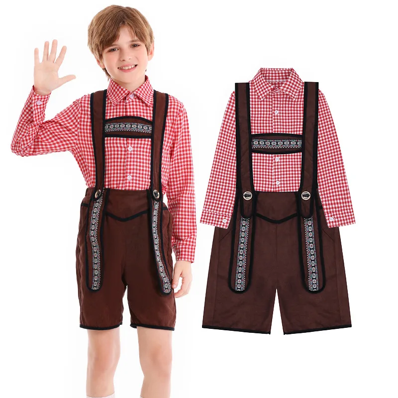 

Boys Oktoberfest Costumes Children Bavarian Lederhosen Outfit Beer Festival Kids Cosplay Halloween