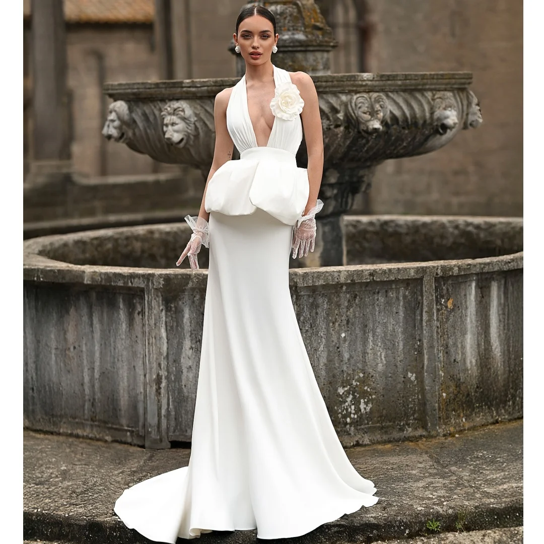 

Mermaid Wedding Dresses Women Solid Satin Vestido de Novia Deep V Neck Evening Gown Party Dress Robe De Soirée Customized