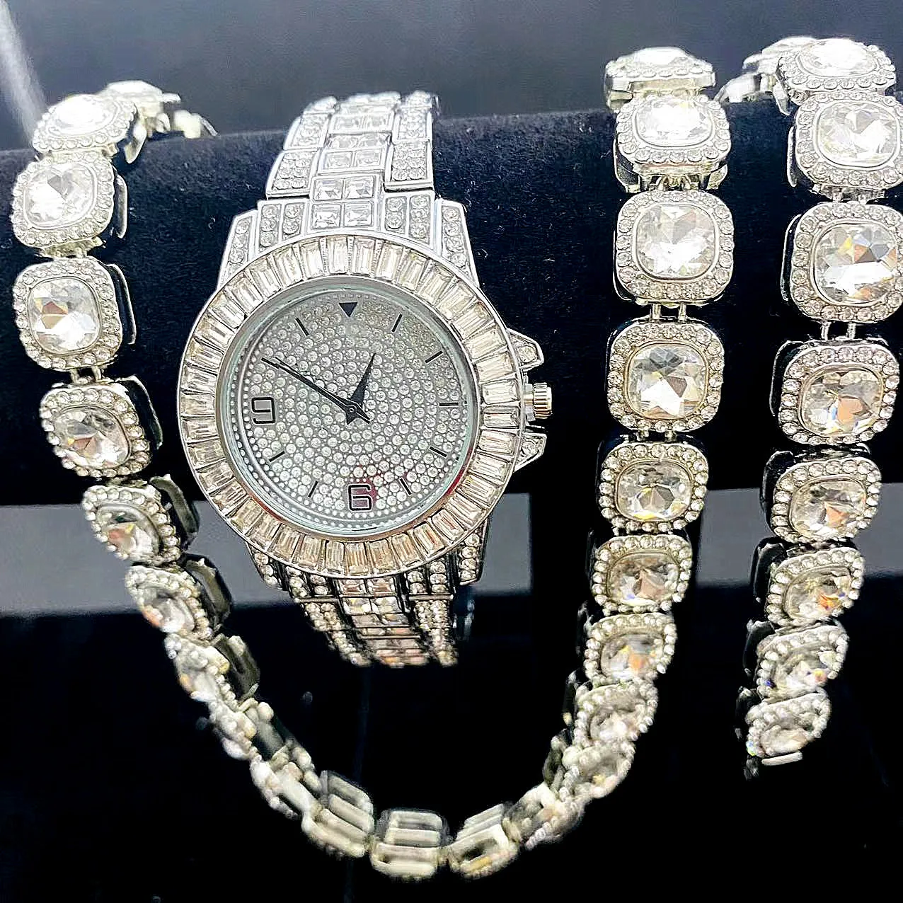 3pcs Hip Hop Iced Out Cuban Necklace Men 12MM Tennis Chain Jewelry Suit Silver Color Rhinestone CZ Watch for Men's Rapper Gifts