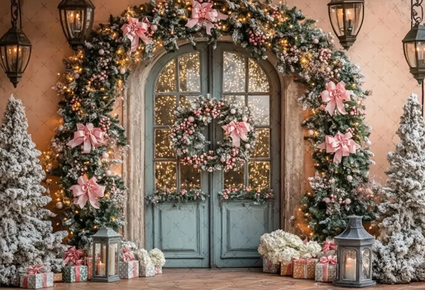 خلفية تصوير قوس عيد الميلاد المجيد، شجرة عيد الميلاد القوسية، خلفية تصوير فوتوغرافي لتزيين حفلات الأطفال العائلية