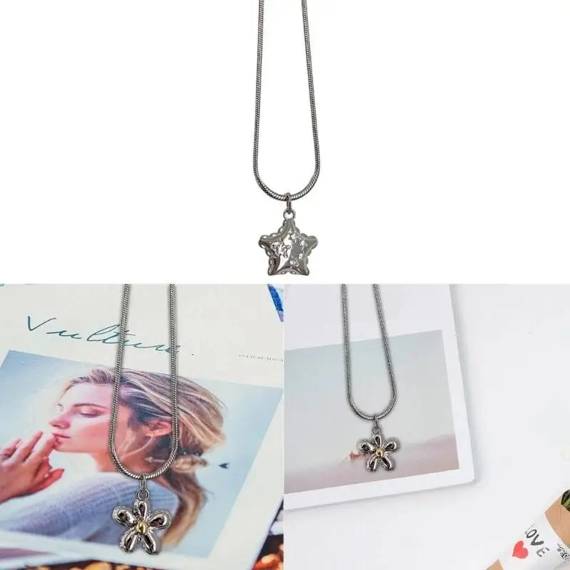 Sweet Cool Korean Fashion Pendant Necklace for Women Flower Star Butterfly Design Office Wear Jewelry Accessory