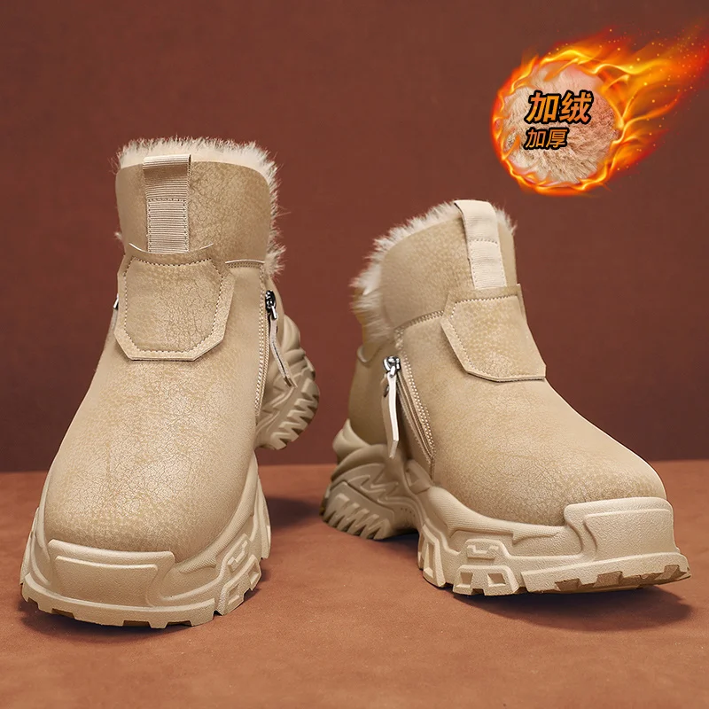 

Winter Fleece Warm Mid-top Flat Bottom Wear-resistant High-quality Solid Color Laced Outdoor Casual Anti-slip Hiking Boots