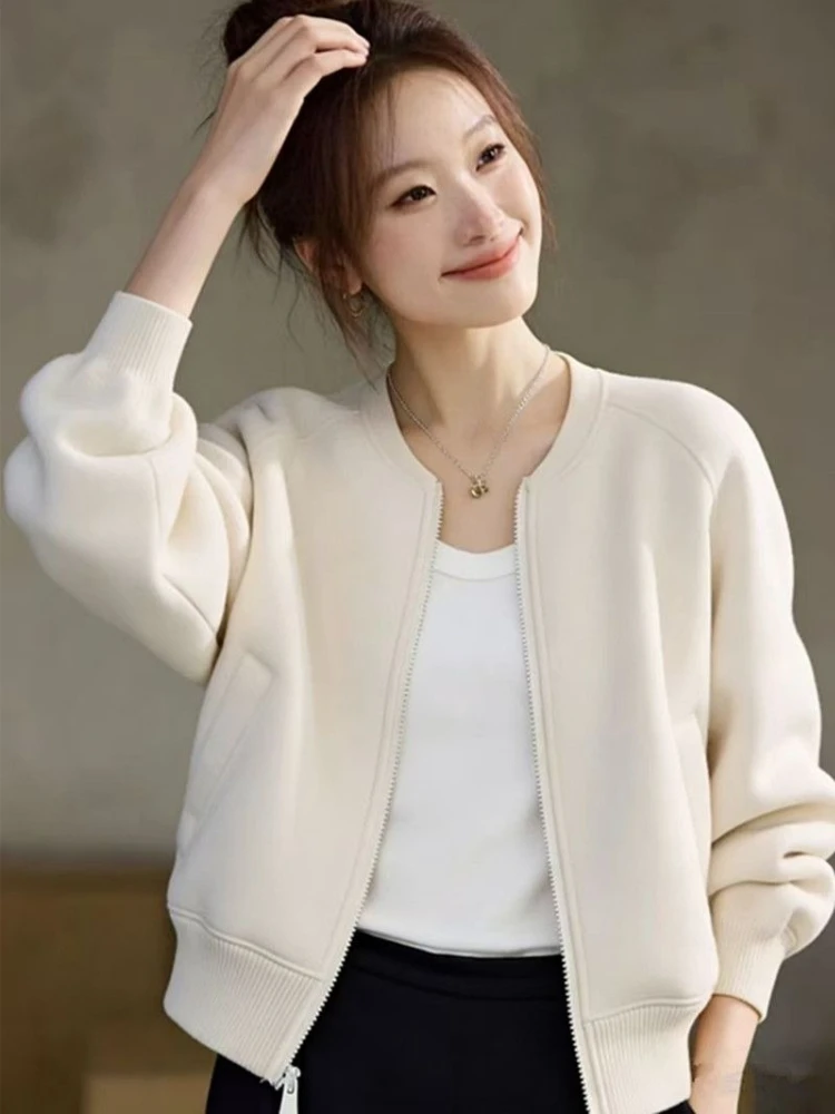 2026 Spring Women Cream Flight Jacket Loose Baseball Bomber Coat Chic Casual Lightweight Outerwear
