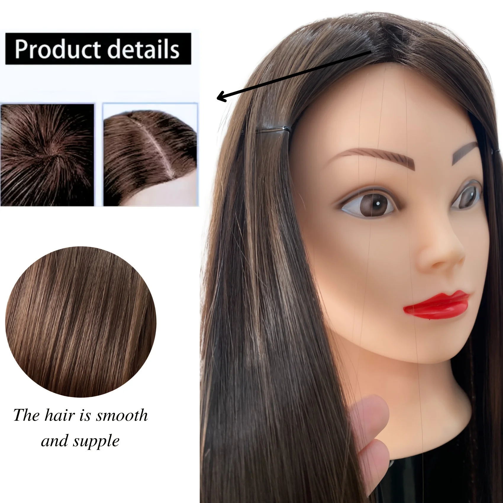 Cabeça de manequim feminina profissional de 26 polegadas com cabelo para trança, estilo e prática de design, demonstração de penteado