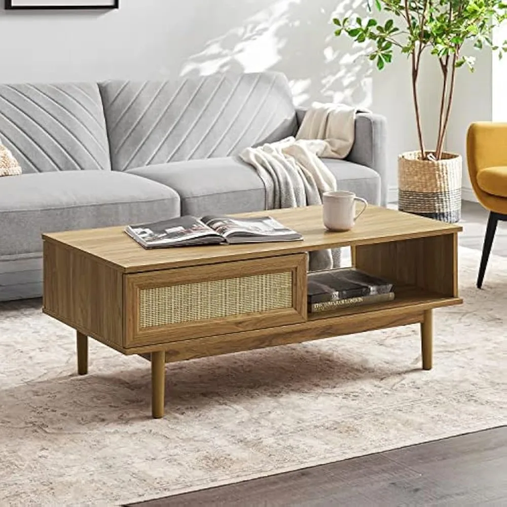 Haylee Coffee Table, Modern Boho Farmhouse Small Coffee Table with Storage, Natural Rattan Living Room Tables, Center Table