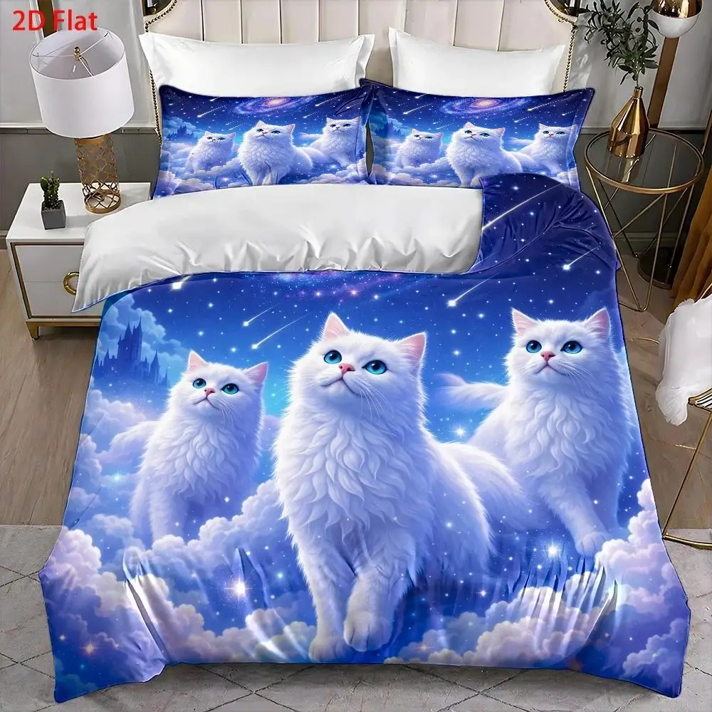 Duvet Cover Set 3 Piece, Starry Sky Galaxy Cat Theme, Dreamy Realistic Style, Ultra Soft Brushed Bedding for Bedroom, Hotel, Dormitory