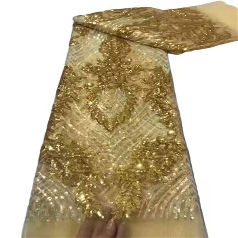 

African Tulle Lace Fabric Yellow High Quality Nigerian Mesh Sequins Embroidery Lace Fabric French For Bridal Party Dress Sew