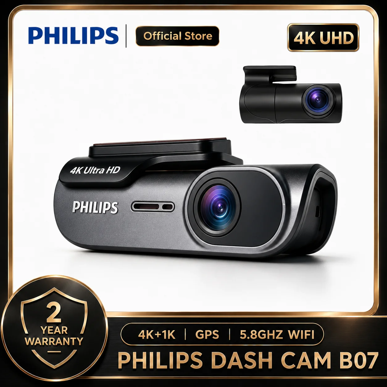 Câmera Veicular PHILIPS B07 4K+1K HDR com Câmera Frontal e Traseira, WiFi 2.4G & 5.8G, Suporte a APP e GPS, Monitoramento de Estacionamento 24H, Visão Noturna, DVR Automotivo