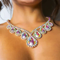 Shiny AB Colorful Water Drop Necklace Jewelry Women's Fashion Banquet Party Versatile Collar Chain Jewelry Accessories