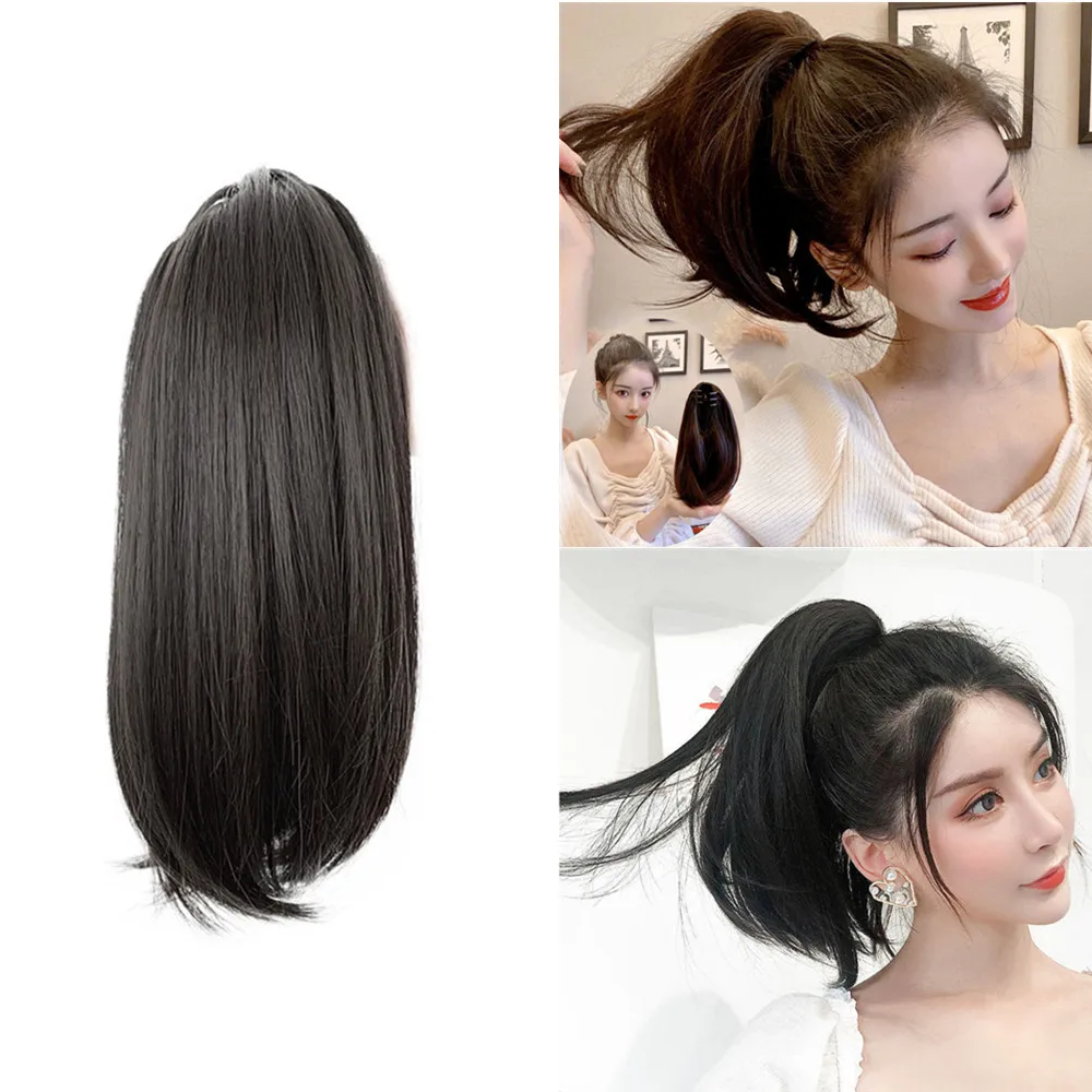 Wig Horsetail wanita rambut palsu setengah diikat air terjun perempuan rambut panjang klip ambil ekor kuda tinggi Wig kepang berbulu alami meningkatkan rambut