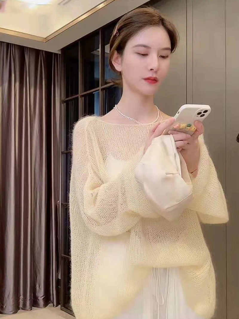 Hollow Out Knitted Top Women Loose Slash Neck Thin Pullover Sunscreen Shirt Air Conditioning Shirt Clothes