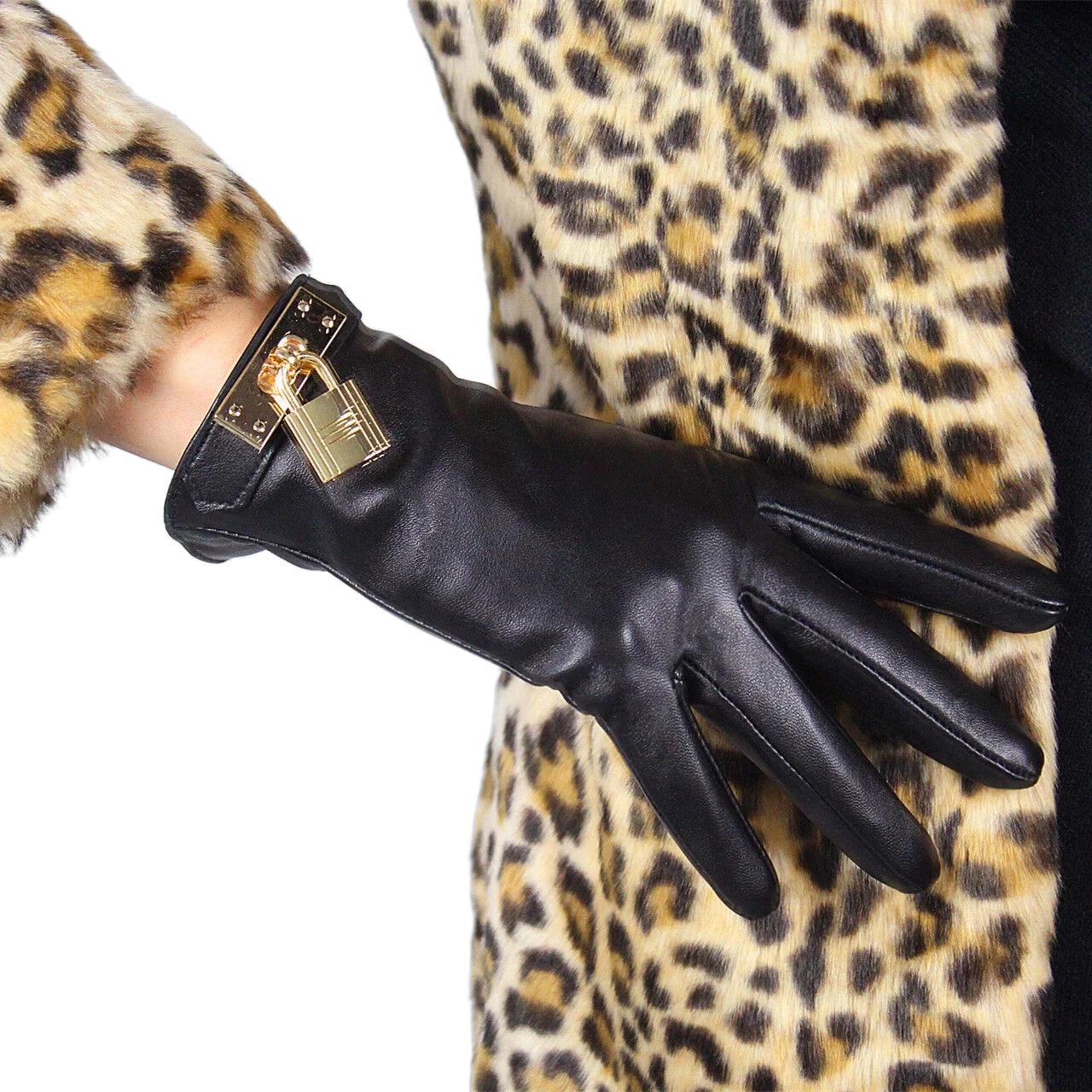 DooWay Women TECH GLOVES Real Leather Wrist Short Black Lambskin Sheepskin Golden Spring Lock Charm Driving Warm Winter Glove