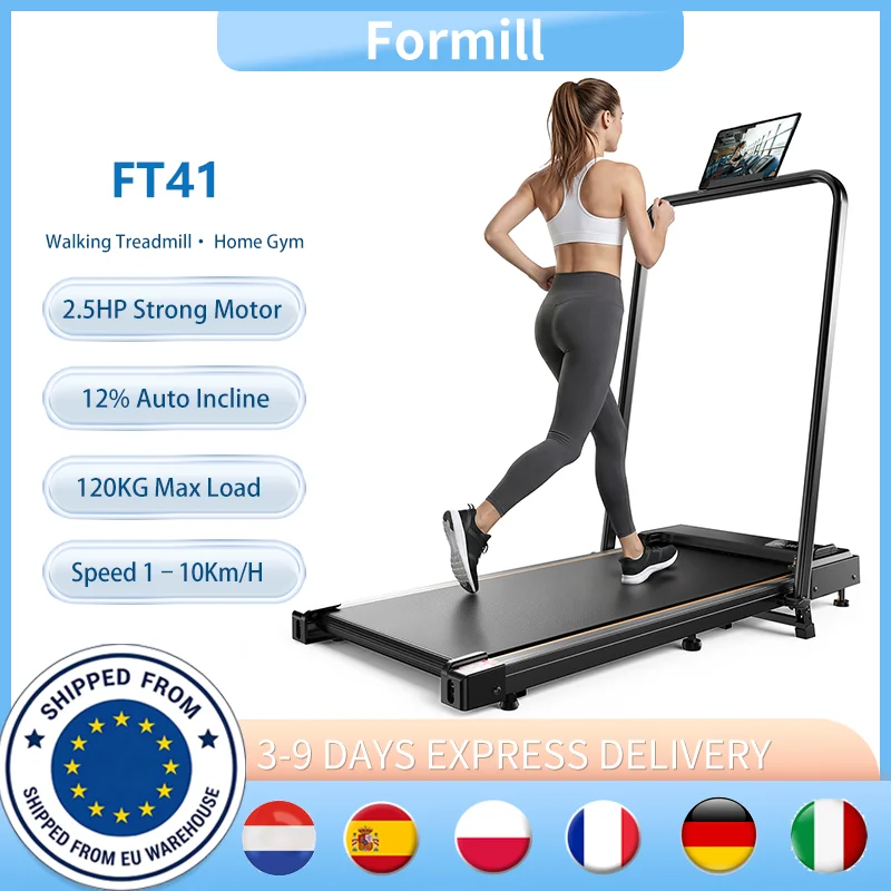 Tapis de marche Formill FT41 avec poignée, moteur silencieux 2,5 CV, 1-10 km/h, bande de course 38x90 cm, inclinaison manuelle 12 %, écran LED