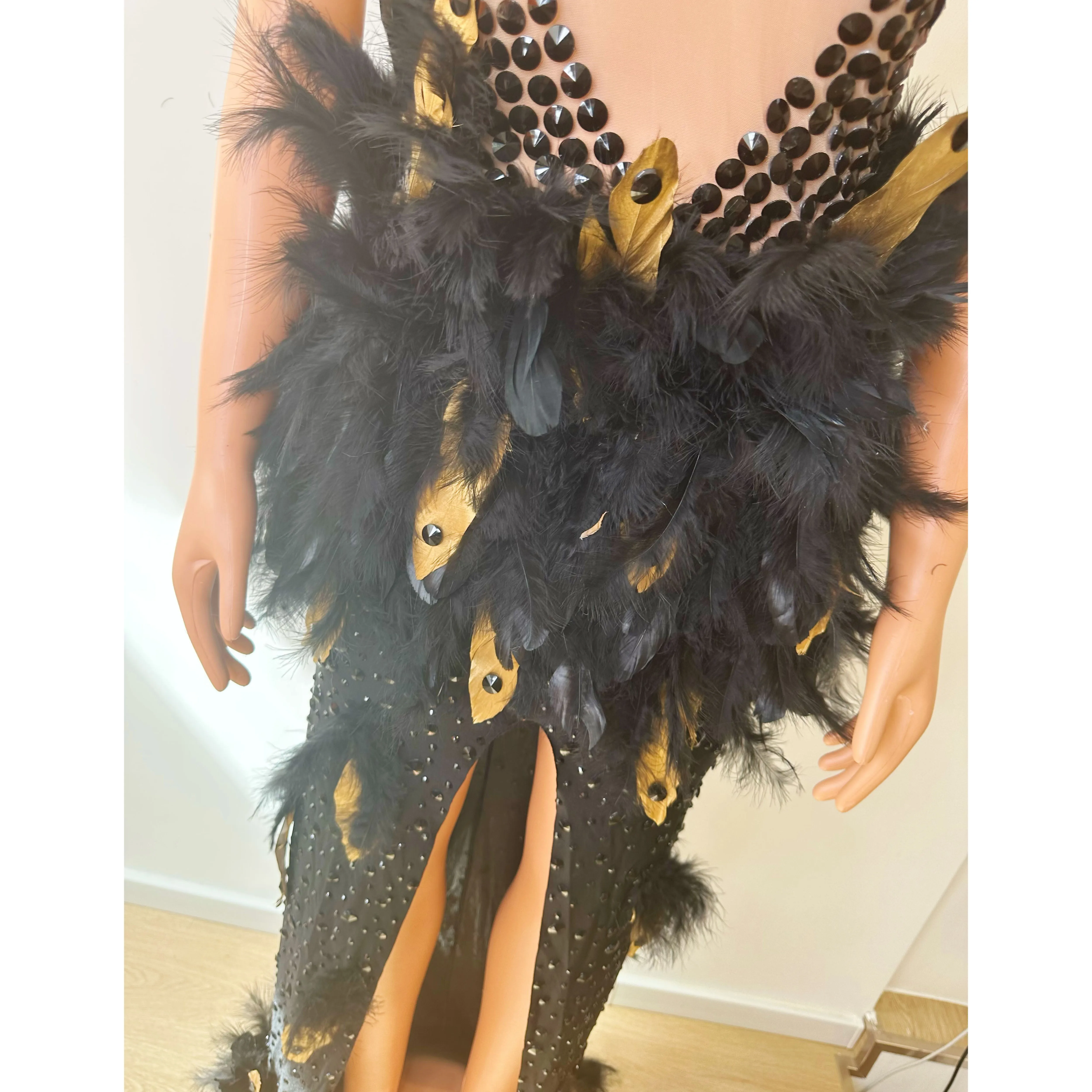 2025 strass gogo dança traje feminino festival vestido de festa alta fenda vestidos longos com penas luxo feminino vestido elegante