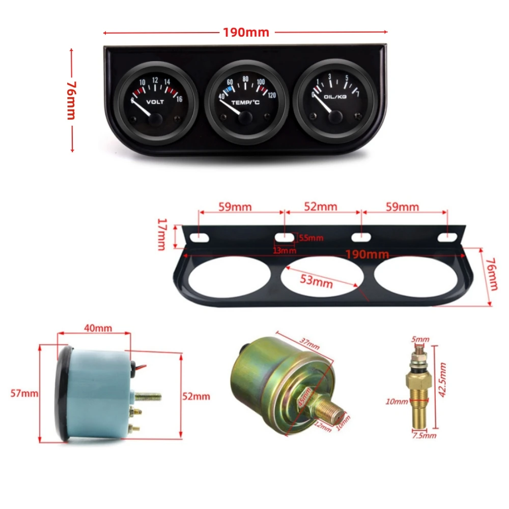 52mm 3 In 1 Oil Pressure Gauge + Voltmeter + Water Temp Gauge Kit with Sensor Oil Temp Gauge Voltmeter Oil Press Triple Meter