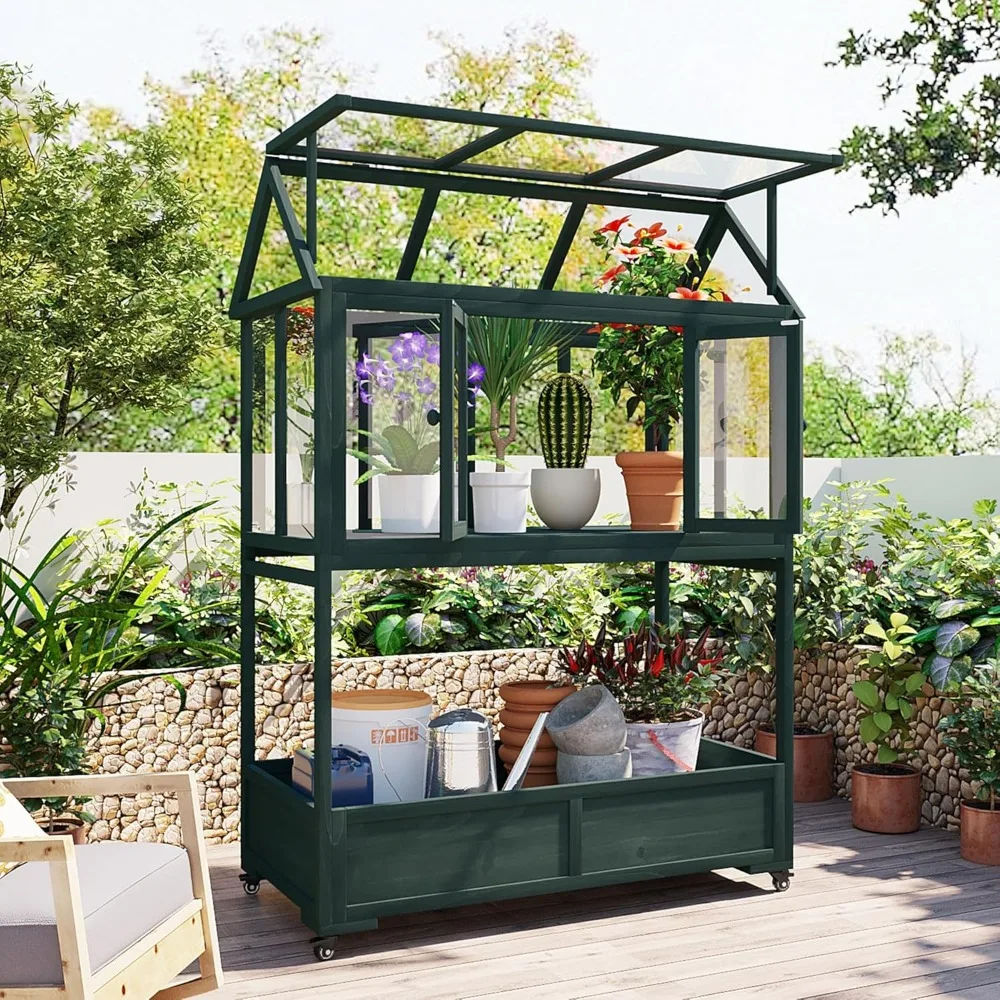

Garden Potting Bench, Wood Workbench Portable Cold Frame with Movable Wheels and Openable Roof and Box